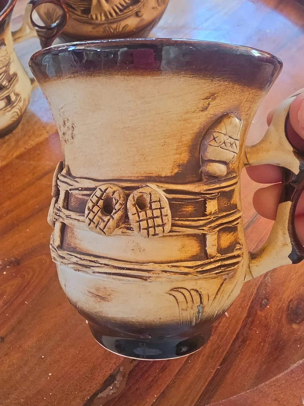 Handcrafted Beige and Brown Ceramic Pitcher with Matching Mugs Cottagecore